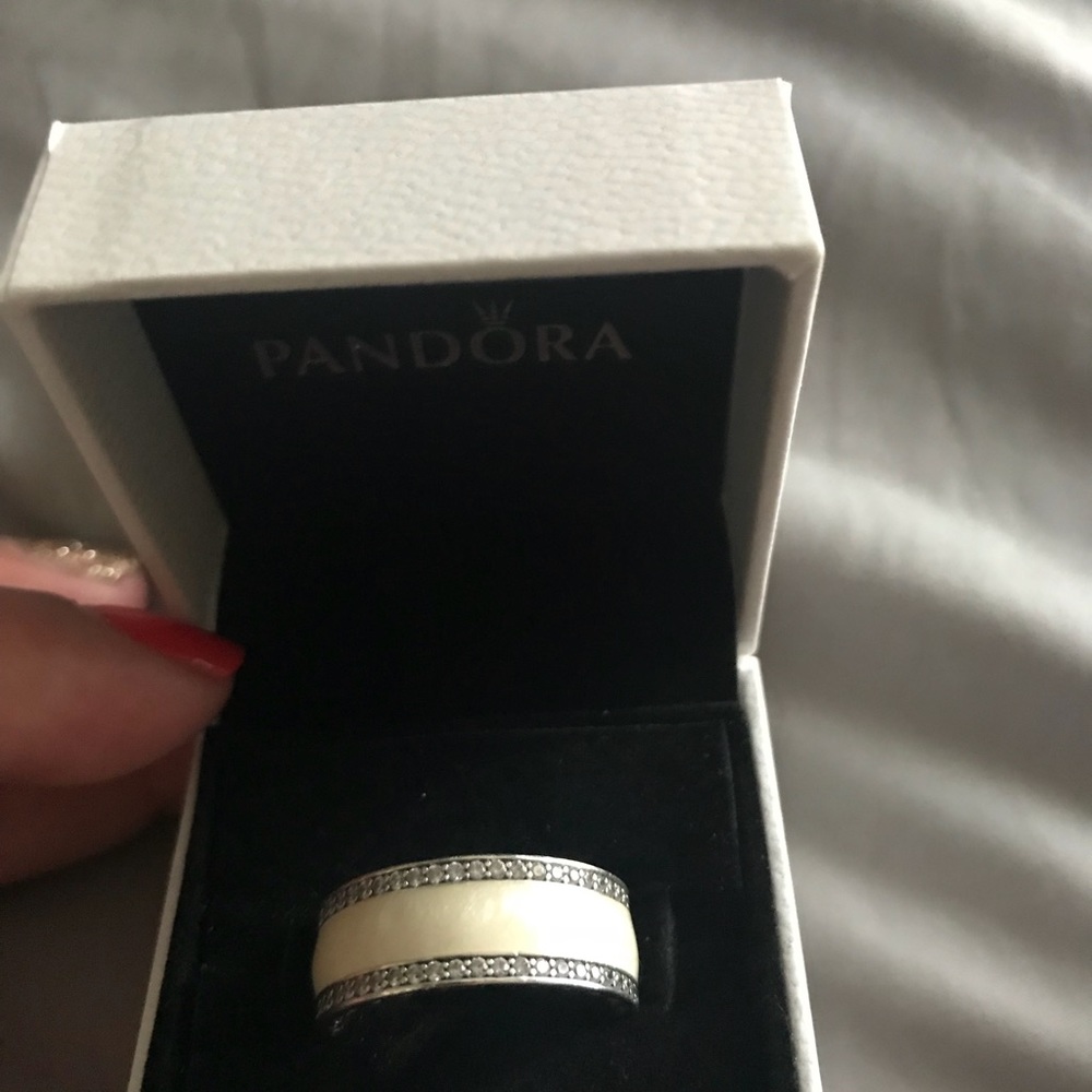 Hearts of Pandora ring, cream enamel and clear cz